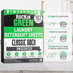 Rockin' Green Travel Laundry Detergent Sheets Unscented - Mess-Free Laundry Sheets Detergent Powerful Cleaning with Sodium Bicarbonate - Easily Dissolvable Laundry Soap Sheet (102 Loads, Unscented)