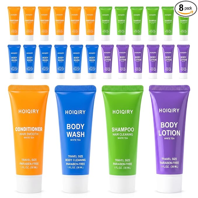 2 Set 4-IN-1 Travel Size Hotel Toiletries Bulk,8 Pack 30ml/1 fl oz Mini Hotel Toiletries with Body Wash,Shampoo,Conditioner,Body Lotion Guest Supplies Bulk for Homeless,Motel,Charity