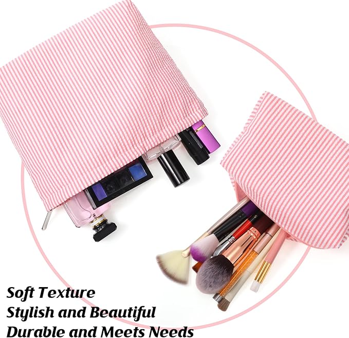 Huhumy 2 Pcs Makeup Bag Set Cute Cosmetic Pouch for Women Seersucker Travel Toiletry Bag Preppy Small Makeup Purse Pouch Aesthetic Skincare Brushes Storage Organizer for Valentine Women(Rose Pink)
