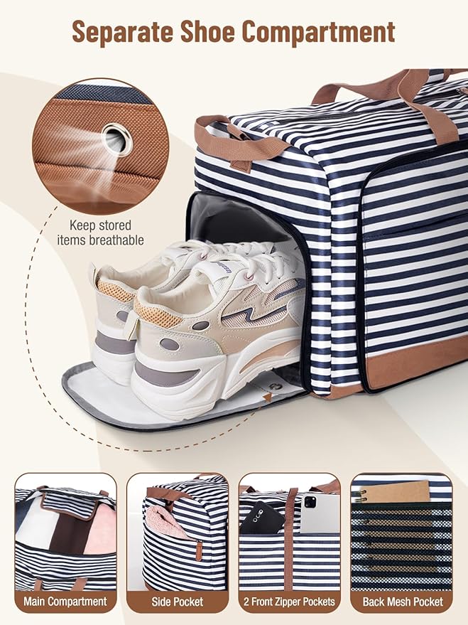 Lekesky Foldable Travel Duffle Bag for Women, 100L Large Duffel Bag with Separate Shoes Compartments & Straps, Carry On Weekend Bag for Women, Hospital, Overnight (Blue Stripes)