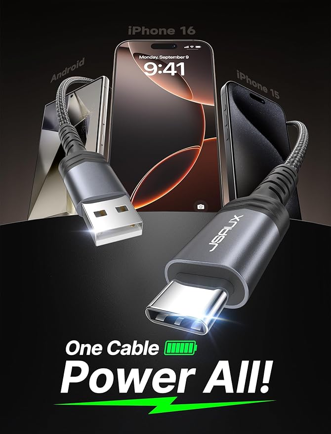 JSAUX USB C Cable [2-Pack 3.3ft], USB A to USB Cord Fast Charging for iPhone Air, iPhone 17, iPhone 17 Pro, iPhone 17 Pro Max, iPhone 16/iPhone 15 Series, Samsung S20 S10, Note 20 10, Car Play - Grey