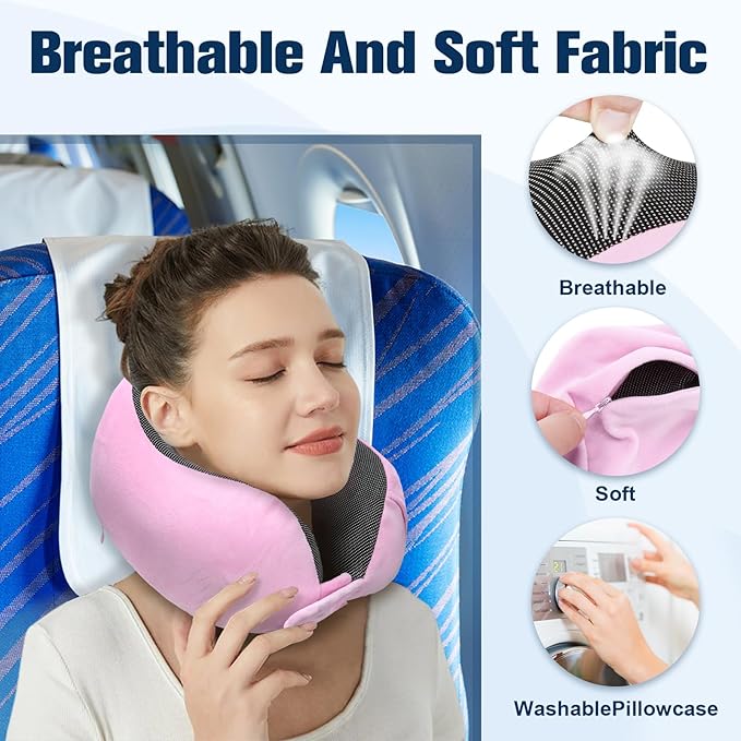 Cirorld Neck Pillow for Traveling, Travel Pillows for Airplanes,100% Pure Memory Foam Travel Neck Pillow, Adjustable Flight Pillow, Portable Plane Accessories with Eye Mask, Earplugs, Carry Bag