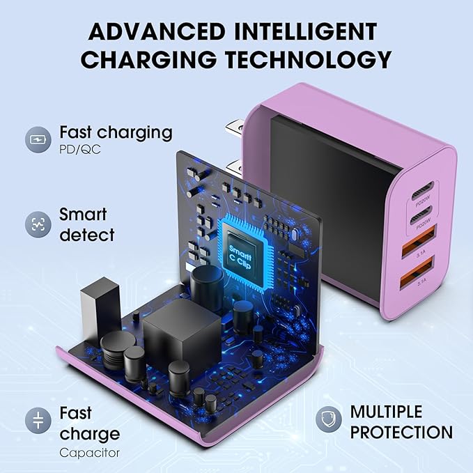 USB C Charger Block, 2 Pack 40W 4-Port iPhone Charger Fast Charging Multiport PD 3.0 & QC 4.0 Double Quick Charge, Compatible with iPhone 17/16/15/14/13/12/11，Pro Max，iPad, Samsung (2, Purple)