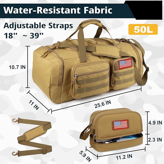 Tactical Gym Bag for Men，50L Large 3 in 1 Sports Duffle Bag with Shoes Compartment for Travel,Water Resistant Travel Backpack Weekender Overnight Bag with Wet Pocket for Women