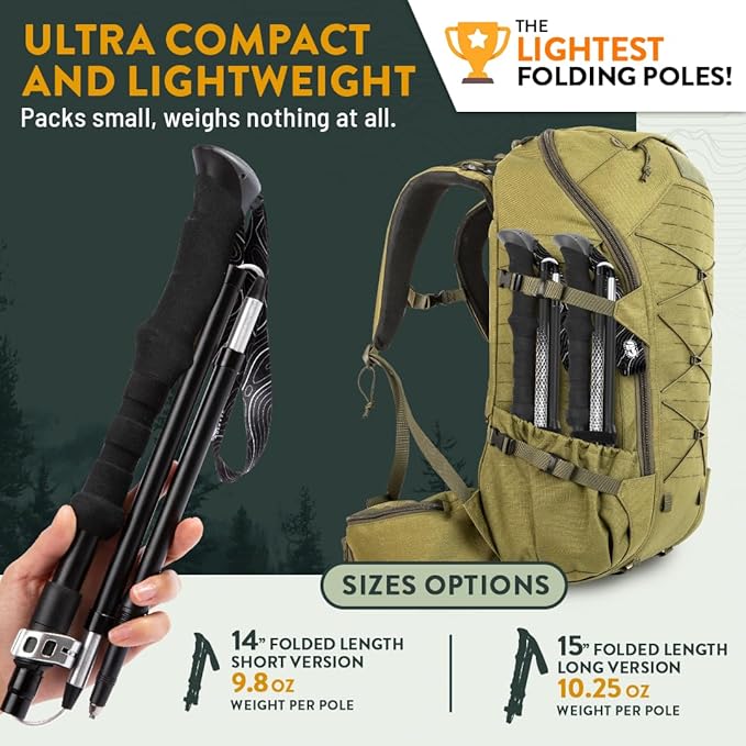 Premium Foldable Hiking Poles by USA Brand - Adjustable, Lightweight Trekking Poles Made of Aircraft Aluminum, Metal Locks Cork EVA Grips