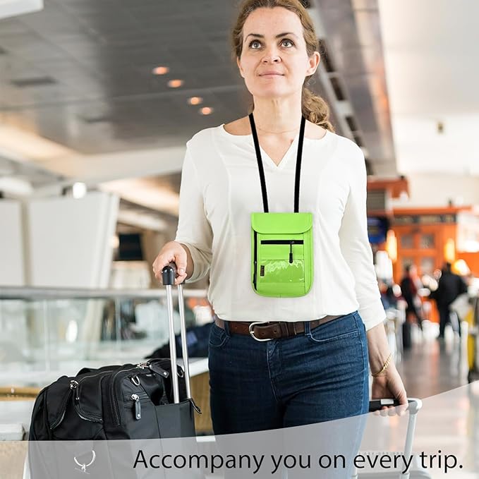 RFID Blocking Travel Neck Wallet Pouch and Passport Holder, Travel Neck Pouch Passport Holder for Women & Men - Green