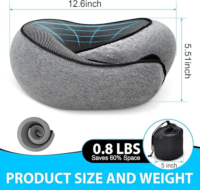 Travel Neck Pillow for Airplanes – 100% Memory Foam, 360° Head Support, Breathable & Washable Cover, Compact for Travel, Car & Flights