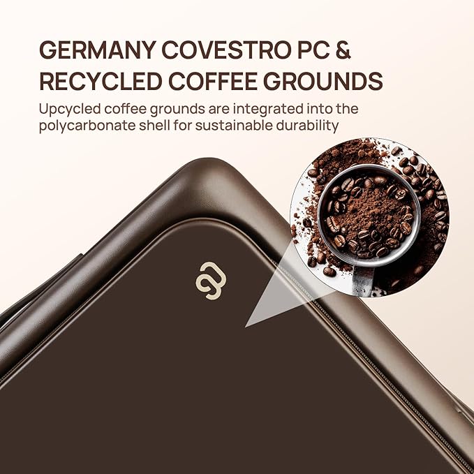 NINETYGO Carry On Luggage 22x14x9 Airline Approved, 20 Inch Suitcase with Front Compartment, Coffee-Infused PC Hard Shell, Eco-Friendly, Cup Holder, Clamshell, TSA Lock, Spinner Wheels (Americano)