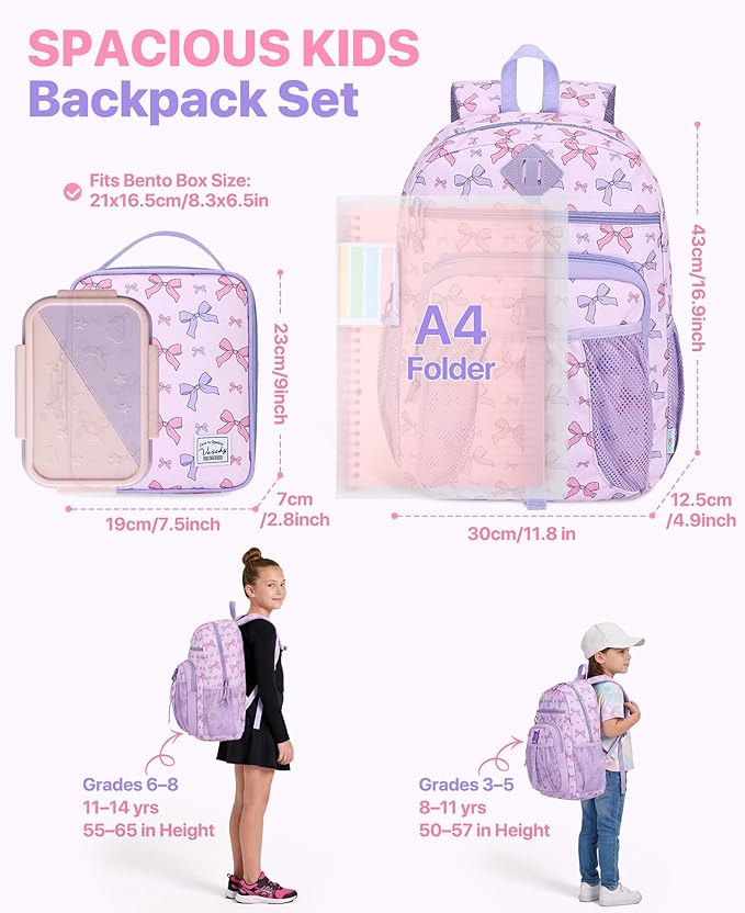 VASCHY Girl Kids Backpack & Lunch Bag Set, 2-in-1 School Bookbag with Insulated Lunch Box for Preschool, Daycare, Kindergarten & Elementary School – Pink Bow