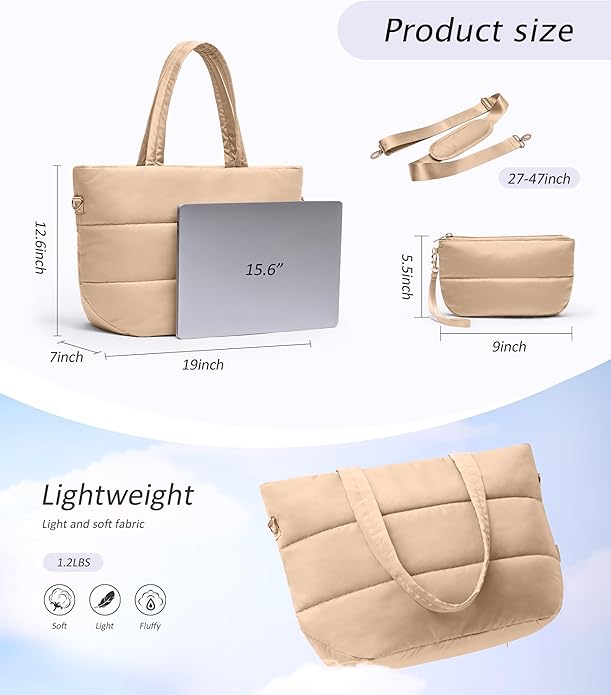 Puffer Tote Bag for Women, Lightweight Puffy Tote with Compartments, Shoulder Bag Crossbody Bags for Women Travel, Work, Gym