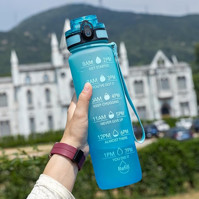 OLDLEY Water Bottle, 32oz Motivational Sports Water Bottle with Time Marker - Times to Drink - Tritan, BPA Free, Wide Mouth Leakproof, Anniversary Birthday Gifts for Men Women, Luca (1 Bottle)
