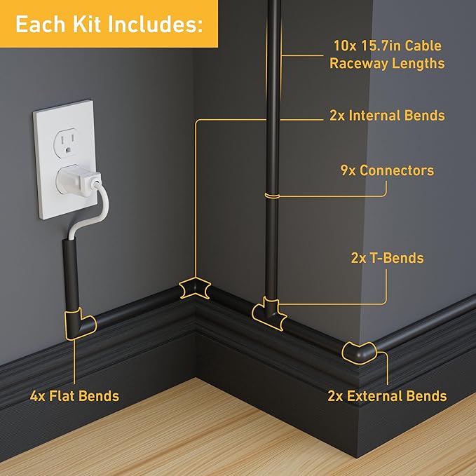 D-Line 157in Cord Hider Kit, Patented Cable Cover, Hide Wires on Wall, Channel for TV Mount Cords, Raceway Wire Hiders, Paintable, Adhesive, Half Round, 10x 0.78in W x 0.39in H x 15.7in L, Black