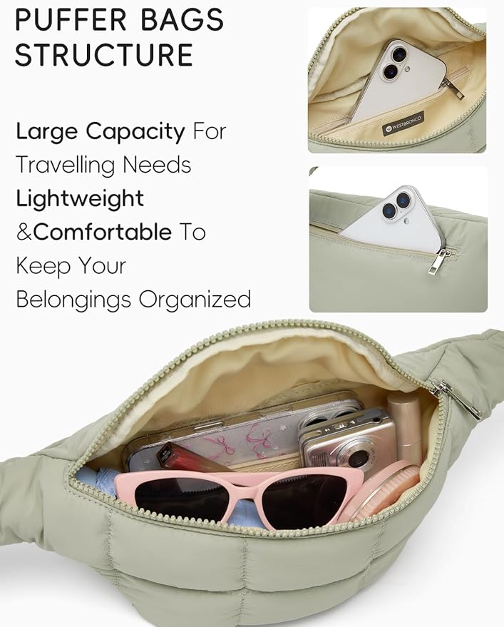 WESTBRONCO Puffer Fanny Packs for Women Small Crossbody Sling Bag, Nylon Quilted Belt Bag for Travel Hiking Running Waist Bag with Adjustable Strap
