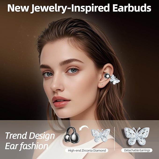 Jewelry-Inspired Clip On Earbuds,Comfortable Fit Open Ear Clip-On Headphones,Wireless Bluetooth Ear Cuff Headphones for Women,Earrings Earbuds for Running,Office,Sport&Gift (Butterfly - Black)