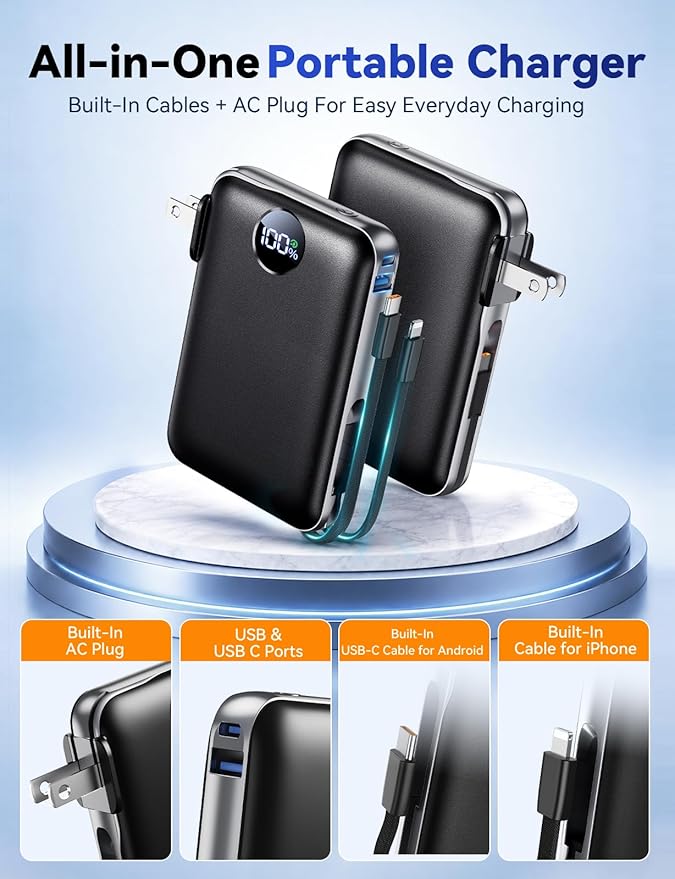 Portable Charger with Built-in Cables & Wall Plug, 10000mAh Power Bank, 4 Outputs 22.5W USB C Fast Charging, Mini Travel Essentials Battery Pack with LED Display for iPhone/iPad/Samsung etc Black