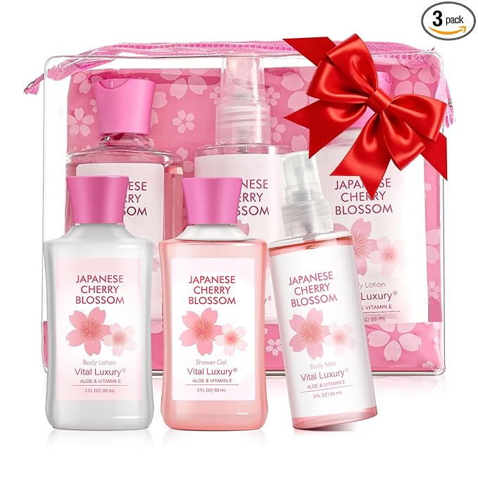 Bath and Body Travel Gift Set, 3pcs Travel Size Shower Gel Body Lotion Fragrance Mist Christmas Birthday Gift TSA-Friendly for On-the-Go Self-Care (3PCS, Japanese Cherry Blossom)