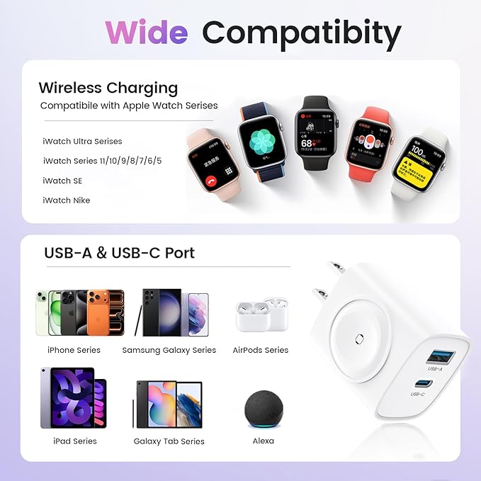 TOPADRE Charger for Apple Watch, USB C Charger Block, 3-in-1 20W Fast Charging, Portable Plug Travel Essential Charge for iWatch Ultra/SE/11/10/ 9/8/ 7/6, iPhone 16/16 Pro/ 15 Series, White