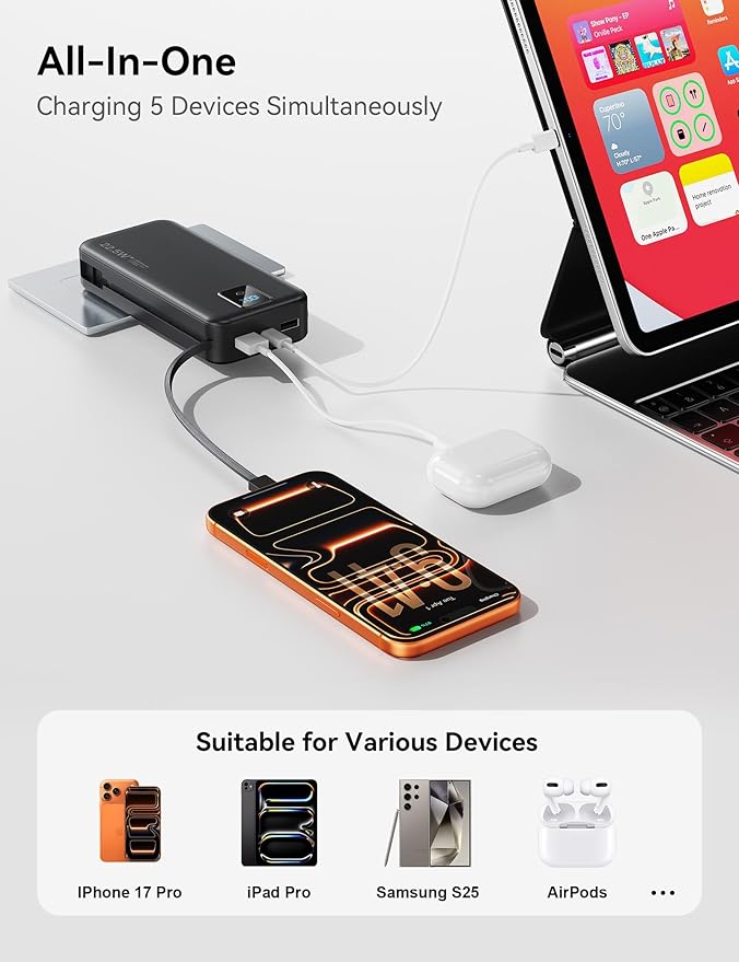 Portable Charger, 20000mAh 22.5W Fast Charging Power Bank with Built-in Cables & Wall Plug, Travel Essentials Battery Pack with LED Display, USB C External Battery Bank for iPhone iPad, Samsung Black