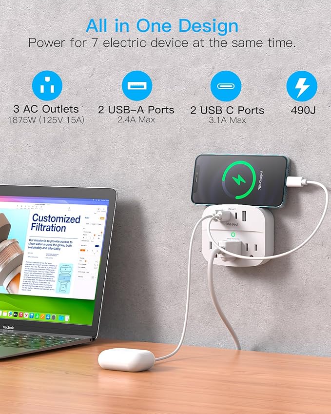 1 Pack Multi Plug Outlet Splitter, 490J Surge Protector Outlet Extender with 3 AC Outlets and 4 USB Wall Charger (2 USB C Ports), Small Adapter for Dorm Room and Travel Essentials, ETL Listed, White