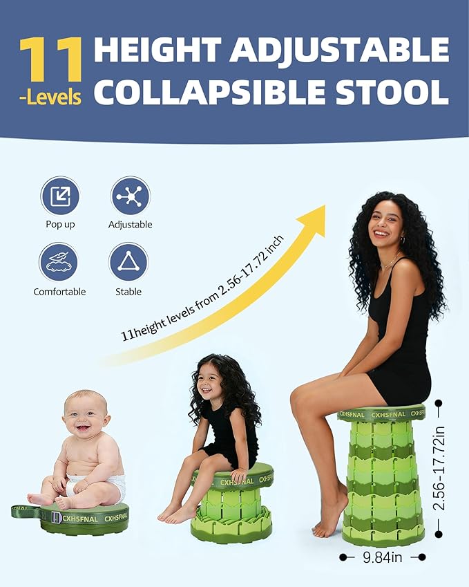 2 Pack Portable Collapsible Stools - Adjustable Folding Stools for Adults, Retractable Foldable Seat with Load Capacity 400lbs for Camping, Hiking, Fishing, Outdoor/Indoor, Green