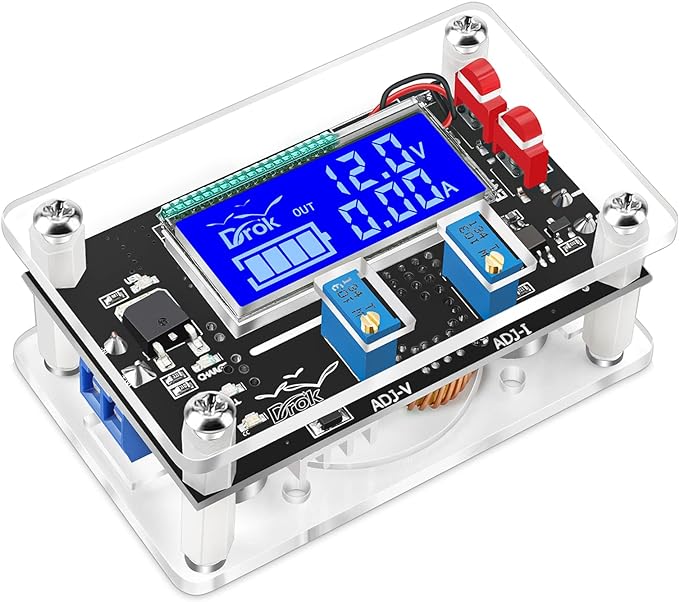 DROK Voltage Boost Converter, DC 6-30V 5V Step Up to DC 7-32V 12V 24V 5A Adjustable Volt Regulator, LCD Power Supply Module Voltage Current Amp Display Transformer Circuit Board with Case