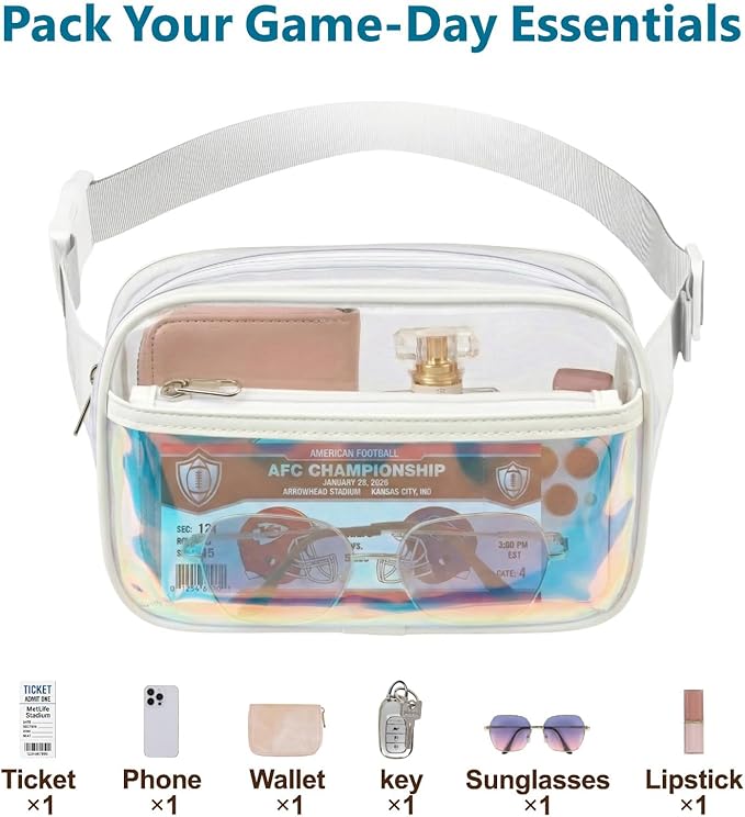Veckle Holographic Fanny Pack for Women - Plus Size 35-51 Inch Iridescent Clear Belt Bag, Adjustable Crossbody Waist Bag for Concert, Festivals, Raves, Theme Parks, White