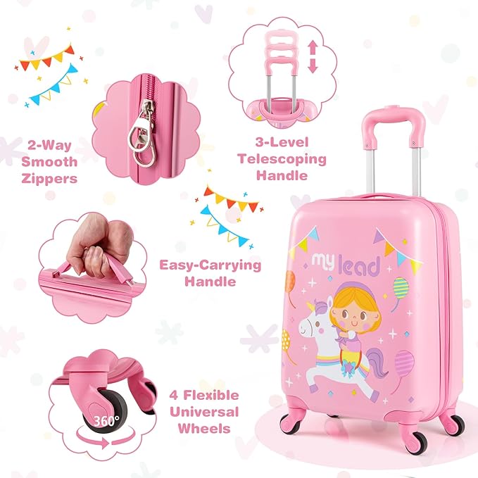 BABY JOY 2 PCS Kids Luggage, 16” Carry-on Hardshell Suitcase with Wheels & Hardside Backpack for Boys Girls, Airline-Approved Toddler Travel Luggage Set (Pink Pony)