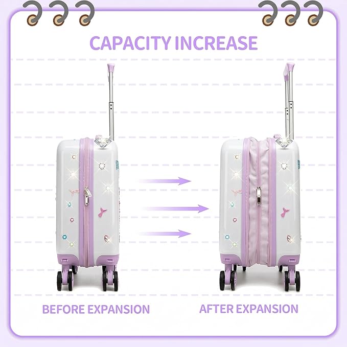 Kids Luggage Sets Suitcase Set with Travel Pillow for Girls 10 Sheets Gem Stickers Small Suitcase with Wheels Hardshell Carry on Luggage for Airplane Travel Essential DIY Styles Purple