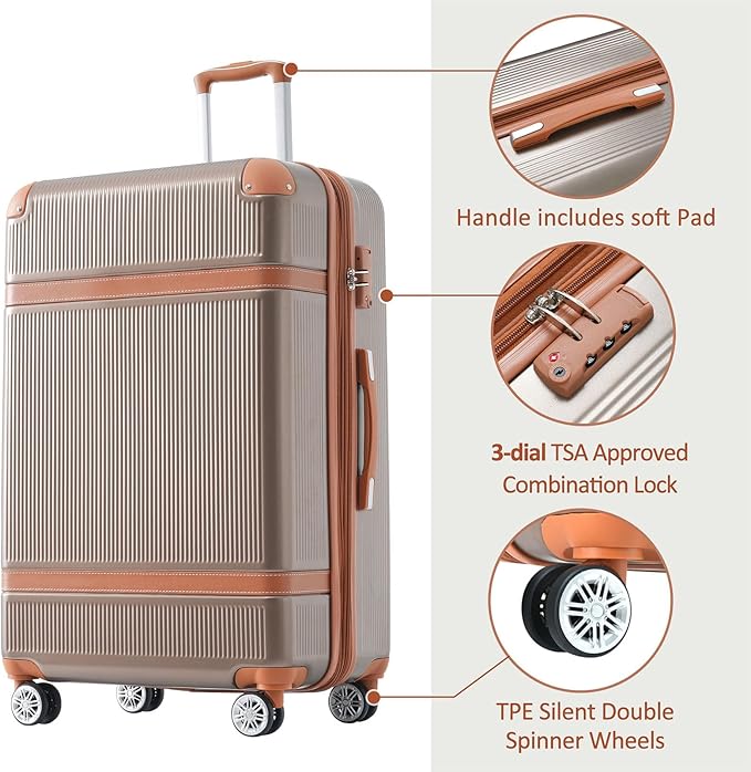 3 Piece Hardshell Luggage Sets 20"+24''+28" Expandable Hardside Luggages Spinner Suitcase with Spinner Wheels & TSA Lock,Lightweight Luggage Sets For Women Men Outdoor Travel Coppery