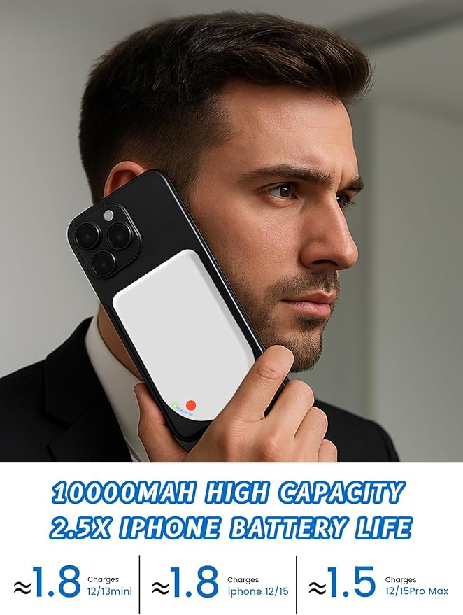Magnetic Portable Charger, 10000mAh Wireless Power Bank USB-C Cable, MagSafe-Compatible Battery,Portable Charger Power Bank for iPhone 17/16/15/14/13/12 Series, Samsung,Android (White)