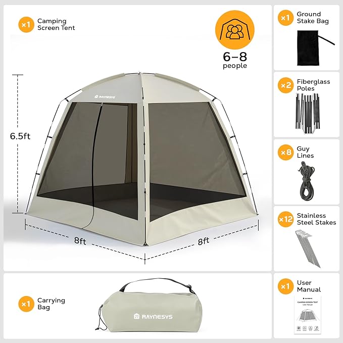 8 × 8ft Camping Screen Tent for 6-8 People, Easy Setup House Tent with 8 Ground Stakes & 4 Windproof Ropes, Portable Screened Canopy with Mosquito Net for Outdoor, Patios, Backyard, Beige