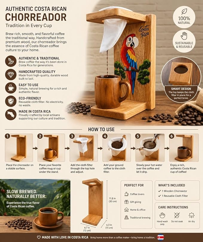 Tapanti store.Chorreador,Costa Rican handcrafted foldable wooden pour-over coffee maker.Includes a reusable cloth filter.Hand painted Macaw wooden design.Light Cedar.Perfect for travel (Red)