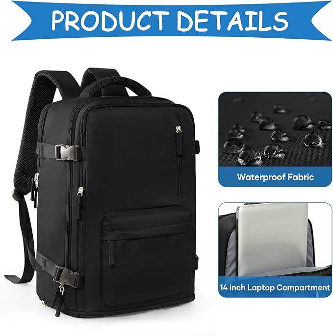 Large Travel Backpack Women Carry On Hiking Backpack Waterproof Outdoor Sports Casual Daypack Personal item Travel Bag Airplane Essentials Spirit Airline Flight Approved Shoes Compartment Men,Black