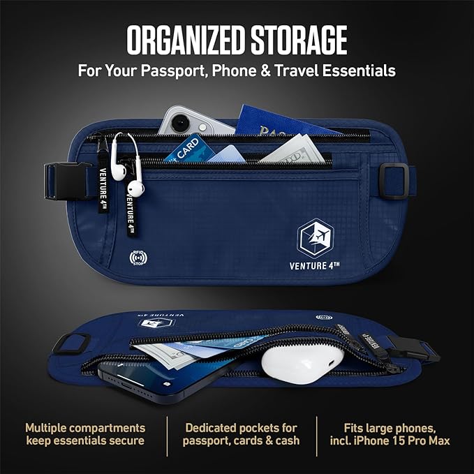 VENTURE 4TH Money Belt for Travel – Slim Hidden Under-Clothes RFID Blocking Anti-Theft Passport Holder & Travel Wallet Pouch for Men & Women to Protect Cash, Cards & Documents (Navy Blue)