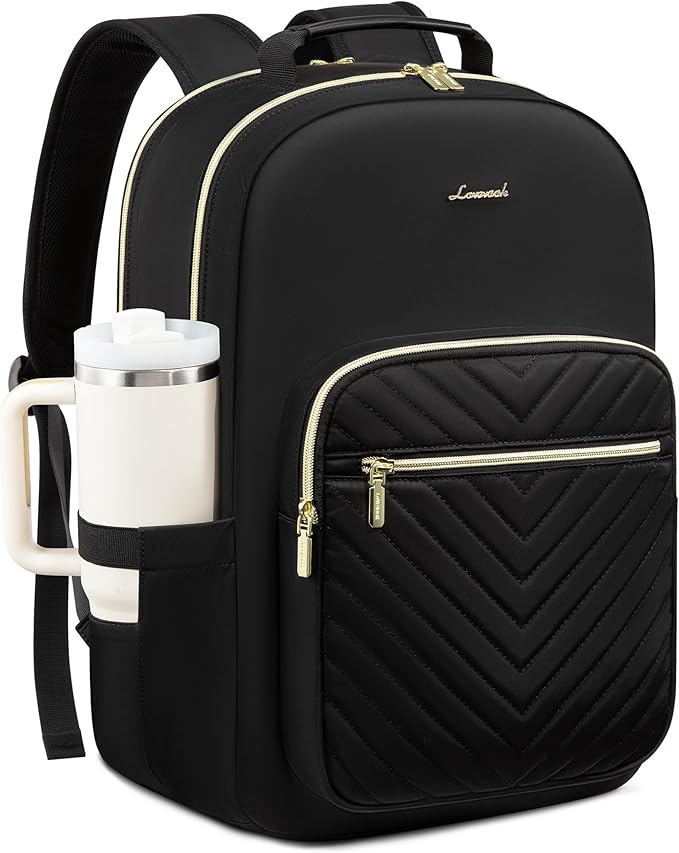 LOVEVOOK Laptop Backpack for Women with Giant Tumbler Holder 18.4 inch,Designer Travel Backpack Laptop Bag College Backpack,Quilted Work Nurse Teacher Backpack Purse Computer Bag Casual Daypack, Black