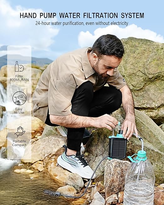 BKLES 3-in-1 Solar Electric Water Filter with Hand Pump - Camping Water Filtration System Survival, Portable Water Purifier with Emergency Light, Survival Kit for Backpacking, Birthday Gifts for Men