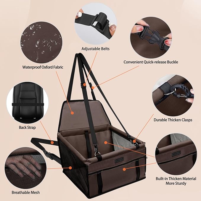 Dog Car Seat Foldable Dog Car Booster Seat Waterproof Breathable Oxford Travel Bag for Small to Medium Dogs, Puppies, and Pets-Pure Coffee