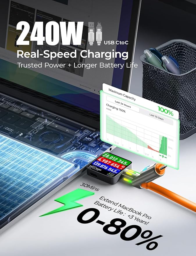 LISEN USB C to Lightning Cable, 240W 4 in 1 Charging Cable 6.6FT, Chubby USB A/C to C/Lightning with Light for iPhone Charger Fast Charging iPhone Air 17 16 15 14 Pro/MacBook/iPad, Orange