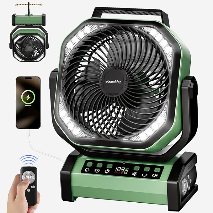 Socool Camping Fan with Light, 20000mAh Rechargeable Battery Fan with Remote, 112Hrs & 8 Speeds, Digital Display, Timer, Auto Oscillation, 270° Pivot & Hook for Outdoor Tent, Hurricane, Power Outage
