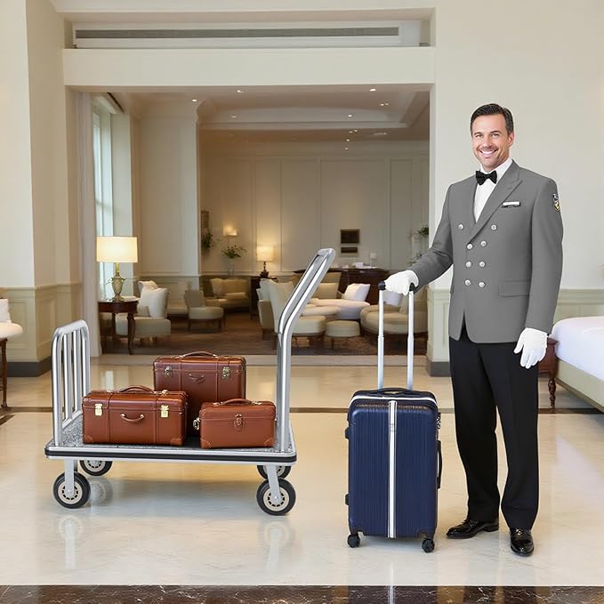 Hotel Luggage Cart Commercial Grade Brushed Stainless Steel, 900LBS Heavy Duty Bellman's Cart with 8" Rubber Wheels & Grey Carpeted Deck Luggage Trolley for Hotels Resorts (Silver, 38"× 42" × 25")
