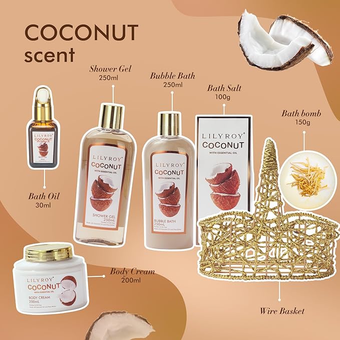 Mothers Day Gifts for Women - Coconut Bath and Body Gift Basket Set for Women and Men Spa Kit Spa Gift Baskets | Valentines Day Gifts, Birthday, Christmas Gift, All Occasion Present for Mom