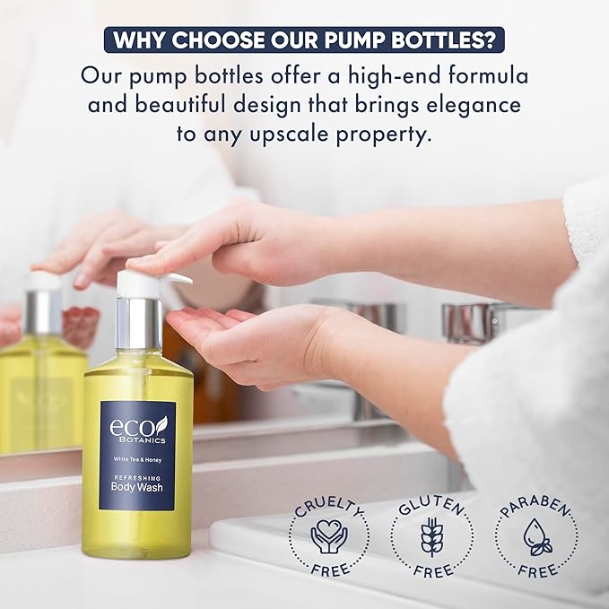 Eco Botanics Hotel Amenities Set | 10.14oz Pump Bottles | Shampoo, Conditioner, Hand & Body Wash, and Lotion | Set of 4