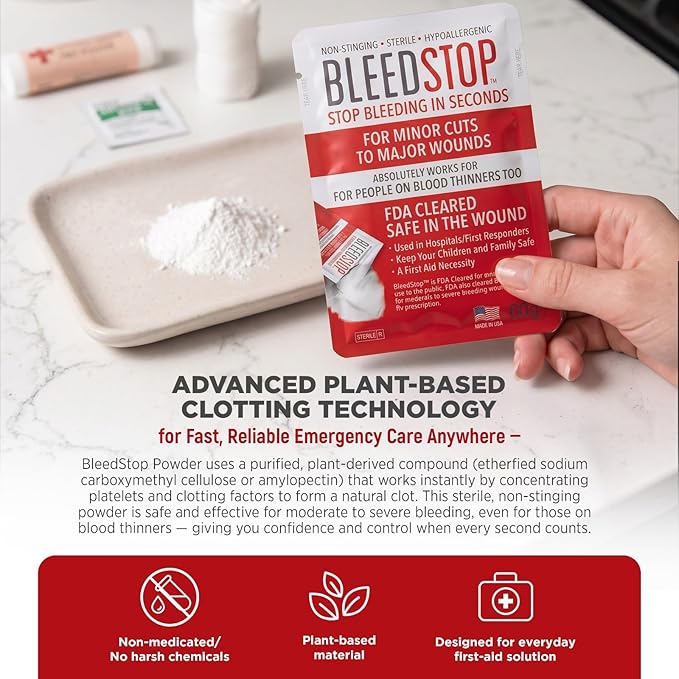 BleedStop™ First Aid Powder for Blood Clotting, Trauma Kit, Blood Thinner Patients, Camping Safety, and Survival Equipment for Moderate to Severe Bleeding Wounds or Nosebleeds 5 Pack 15g