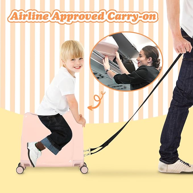 smilesun 20" Ride-On Travel Suitcase for Kids, Cute Ear Toddler Carry on Luggage with Spinner Wheels & Anti-Lose Rope, Children Rolling Trolly Luggage with Password Lock (Pink with Rope)
