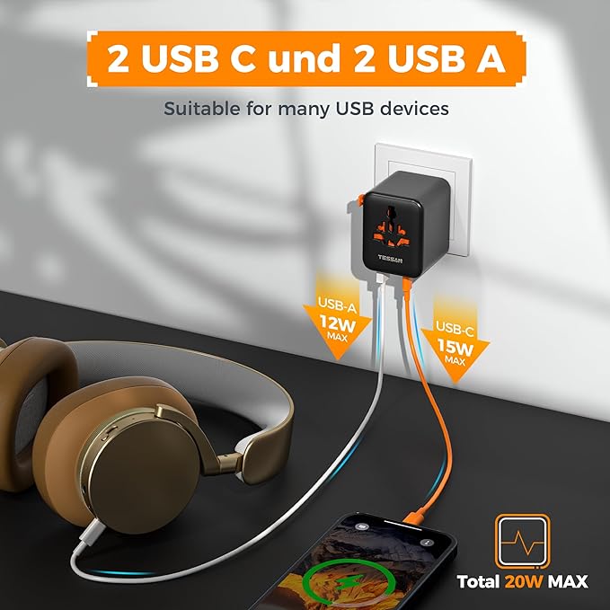 TESSAN Universal Travel Adapter, International Power Adapter with 4 USB Ports (2 USB C), Travel Plug Adaptor Worldwide for US to Europe UK France Germany Spain Ireland Australia Japan (Type C G A I)