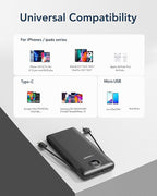 VEGER Portable Charger with Built-in AC Plug and Cables, All in One 10000mAh Ultra Slim Power Bank Travel Essentials, Fast Charging Battery Pack Compatible with iPhone, Samsung, Android (Black)