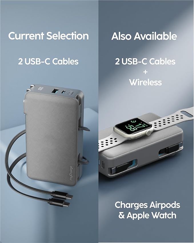 myCharge RetractaCharger 10000mAh Portable Charger Power Bank with 28-Inch Retractable 2 USB-C Cable | Built-in Wall Plug | 30W PD Fast Charging | USB-C & A Ports | Digital Display | Grey