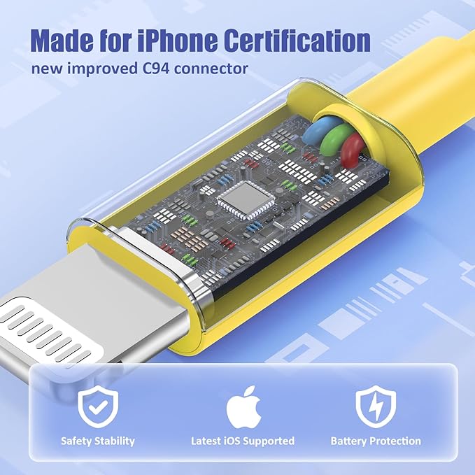 4Pack USB C to Lightning Cable 6FT, Fast Charging Cord for iPhone 14, Replacement for Apple Original Charger Cable for iPhone 14 13 12 11 Pro 11 XS MAX XR 8 7 6s Plus-Yellow