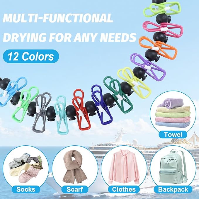 Travel Clothesline for Cruise Retractable Clothesline with 12 Clothesline Clips 2 Strong Magnets Hooks 4 Luggage Tags Camping Portable Clothesline for Hotel Room RV Indoor Cruise Ship Essentials 2026