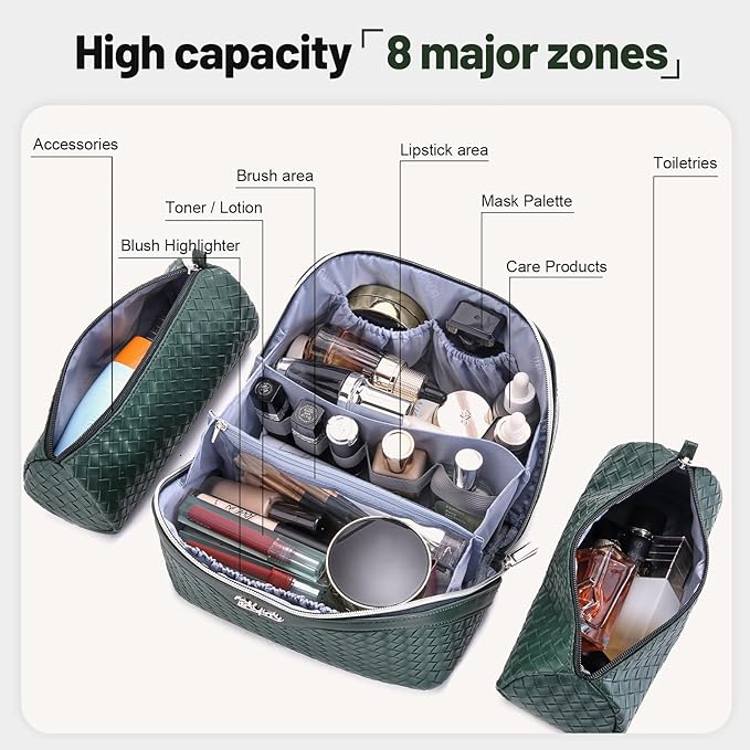 BOYATU Travel Makeup Bag Cosmetic Bags for Women: Large Capacity 3 Pcs Set Make up Bag with Compartments - Waterproof Vegan Leather Toiletry Organizer Bags with Handle (L06 Olive)